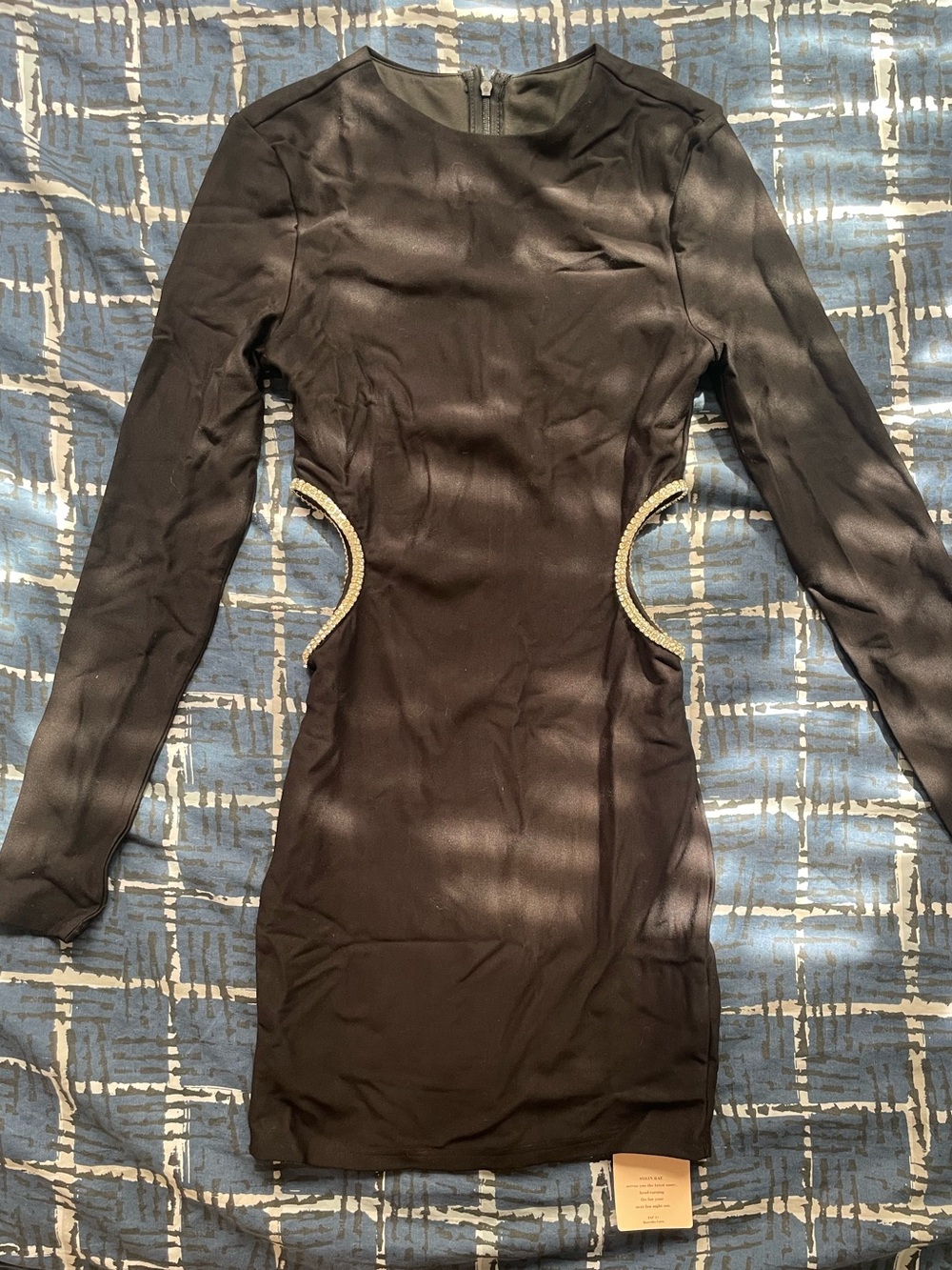 Black Long-Sleeve Cutout Dress with Beaded Trim